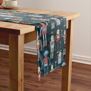 Cute Vintage Retro Robots Dark Short Table Runner