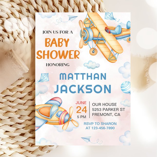 Cute Vintage Retro Yellow Aeroplane Baby Shower Invitation (Creator Uploaded)