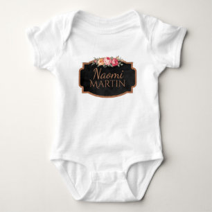 Cute Vintage Roses Girly Pink Floral Monogram Name Baby Bodysuit