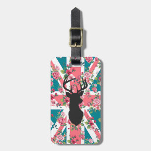 Cute vintage roses U.K. Union Jack Flag deer head Luggage Tag