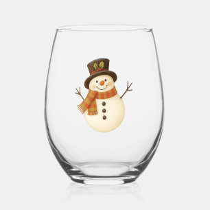 Cute, vintage rustic snowman stemless wine glass