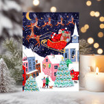 Cute Vintage Santa Christmas Nordic Village Holiday Card<br><div class="desc">The Night before Christmas with father Santa Christmas in his sleigh and his reindeers Rudolf the Reindeer above a nordic village Xmas Holiday snow scene landscape illustration. Original artwork by Caroline Bonne Müller</div>