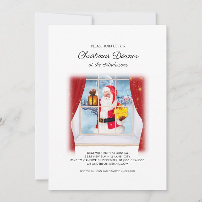 Cute Vintage Santa Claus Window Christmas Dinner Invitation (Front)