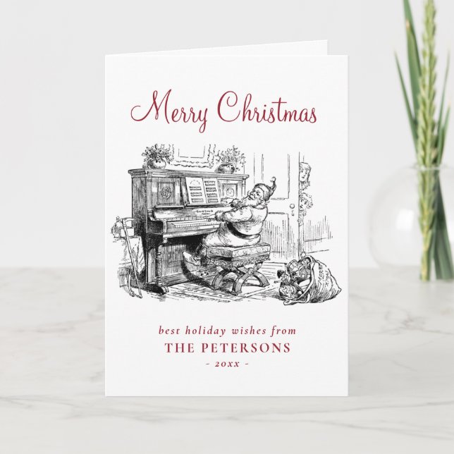 Cute Vintage Santa with Piano and Kids Card (Front)