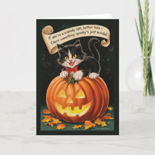 Cute Vintage Scaredy Cat and Pumpkin Halloween Holiday Card