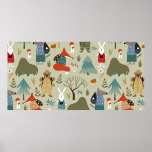Cute vintage seamless pattern with taiga animals.  poster