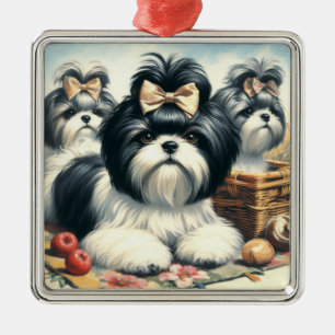Cute Vintage Shih-Tzu Painting Metal Ornament