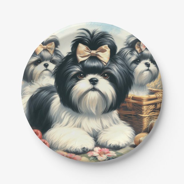 Cute Vintage Shih-Tzu Painting Paper Plate (Front)
