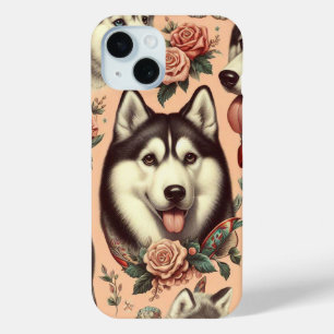 Cute Vintage Siberian Husky Illustration iPhone 15 Case