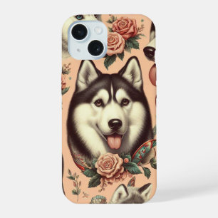 Cute Vintage Siberian Husky Illustration iPhone 15 Case