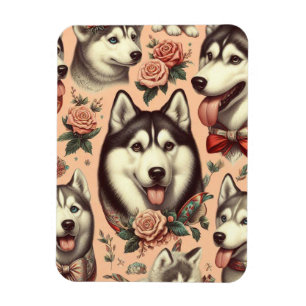 Cute Vintage Siberian Husky Illustration Magnet