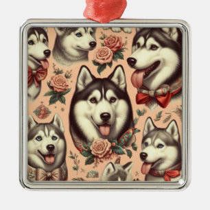 Cute Vintage Siberian Husky Illustration Metal Ornament