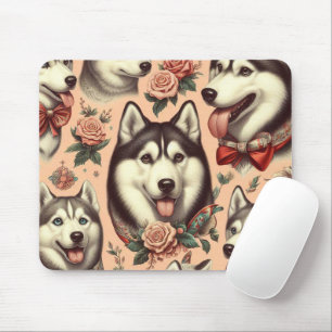 Cute Vintage Siberian Husky Illustration Mouse Pad