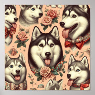 Cute Vintage Siberian Husky Illustration Poster