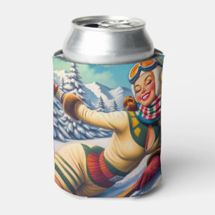 Cute Vintage Ski Pin-Up Can Cooler