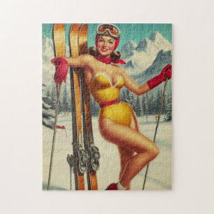 Cute Vintage Ski Pin Up Jigsaw Puzzle