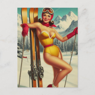 Cute Vintage Ski Pin Up Postcard