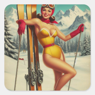 Cute Vintage Ski Pin Up Square Sticker