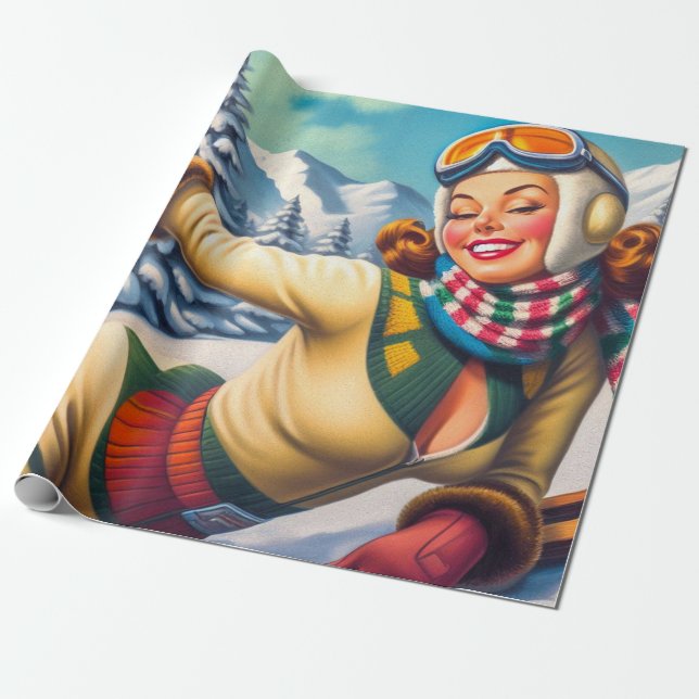 Cute Vintage Ski Pin-Up Wrapping Paper (Unrolled)