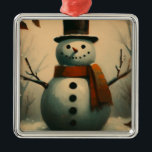 Cute Vintage Snowman for Snowy Christmas Metal Ornament<br><div class="desc">Add a touch of timeless charm to your holiday season with this square metal Christmas ornament featuring a vintage illustration of a cheerful snowman dressed in a classic black top hat and a bright red scarf. This delightful design captures the essence of nostalgic winter magic, evoking memories of snowball fights,...</div>