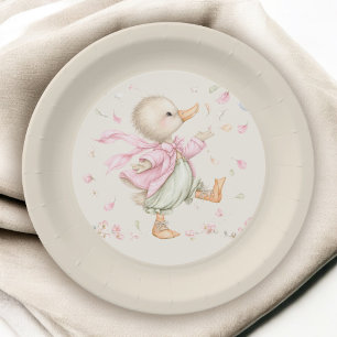 Cute Vintage Storybook Ducky Girl Baby Shower Paper Plate
