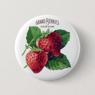 Cute Vintage Strawberry Berry Fruit Add Your Name 6 Cm Round Badge