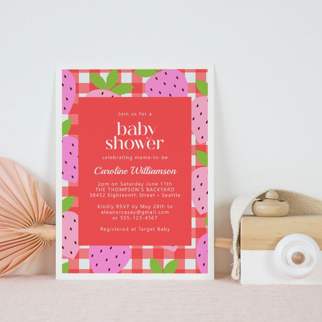 Cute Vintage Strawberry Plaid Baby Shower Invitation (Creator Uploaded)