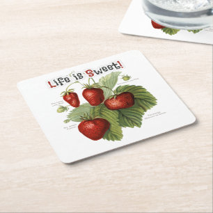 Cute Vintage Strawberry Varieties Life is Sweet Square Paper Coaster