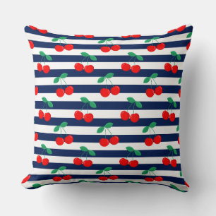 Cute Vintage Summer Cherries and Stripes Cushion