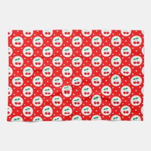 Cute Vintage Summer Cherries on Bright Red Tea Towel