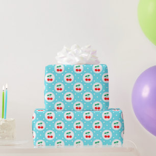 Cute Vintage Summer Cherries on Light Blue Wrapping Paper