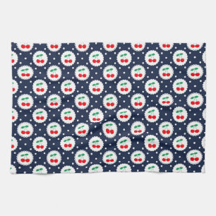Cute Vintage Summer Cherries on Navy Blue Tea Towel