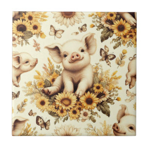 Cute Vintage Sunflower Pig Pattern Ceramic Tile