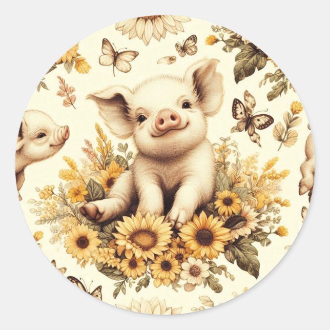 Cute Vintage Sunflower Pig Pattern Classic Round Sticker (Front)