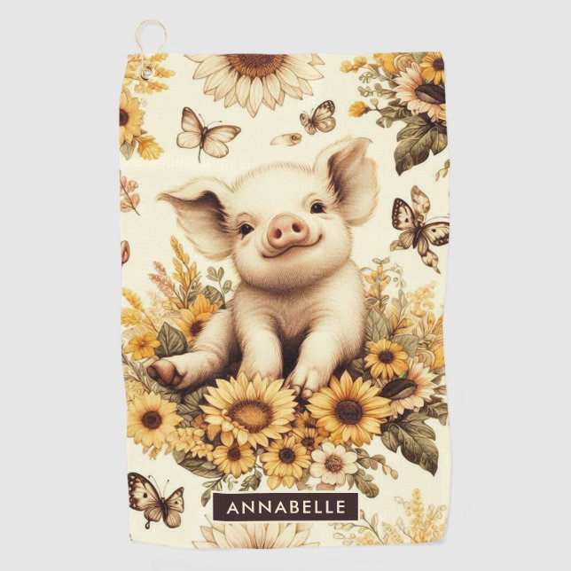 Cute Vintage Sunflower Pig Pattern Golf Towel (Front)