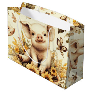 Cute Vintage Sunflower Pig Pattern Large Gift Bag