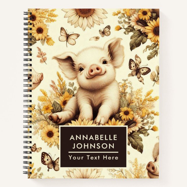 Cute Vintage Sunflower Pig Pattern Notebook (Front)