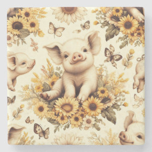 Cute Vintage Sunflower Pig Pattern Stone Coaster