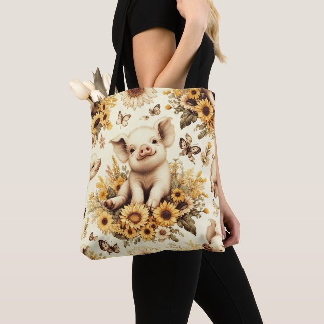 Cute Vintage Sunflower Pig Pattern Tote Bag (Close Up)
