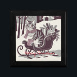 cute vintage tabby cat christmas card gift box<br><div class="desc">A snowy outdoor scene featuring a cheerful tabby cat wearing a scarf and tiny mittens,  perched by a vintage sleigh filled with presents or holly. Soft pastel colours,  with sepia undertones,  can add a cute,  nostalgic touch.</div>