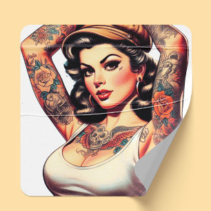 Cute Vintage Tattoo Girl Square Sticker