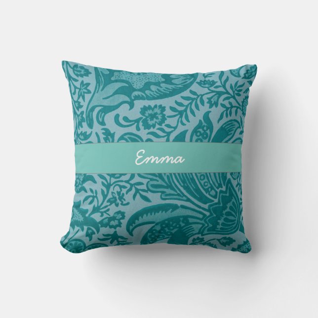 Cute Vintage Teal Green Floral Botanical Cushion (Front)
