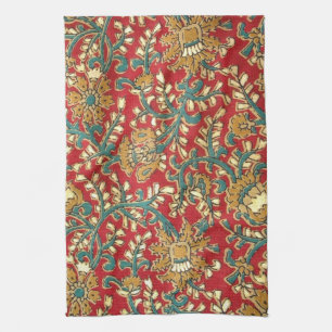 Cute Vintage Teal Red Indian Floral Pattern Tea Towel
