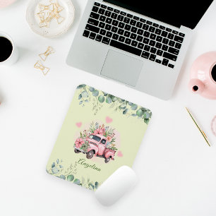 Cute Vintage Truck Pink Floral Green Foliage Mouse Pad