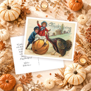 Cute Vintage Turkey Pumpkin Autumn Thanksgiving Postcard