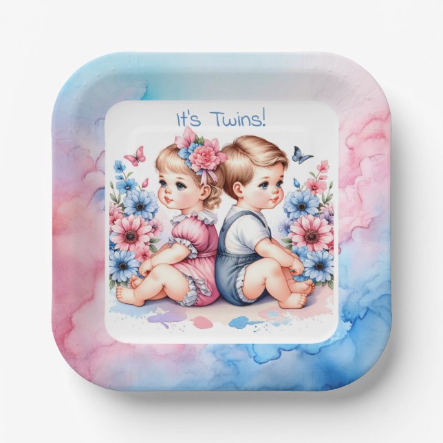 Cute Vintage Twins | Boy and Girl Paper Plate (Front)