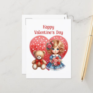 Cute vintage Valentine girl teddy bear Holiday Postcard