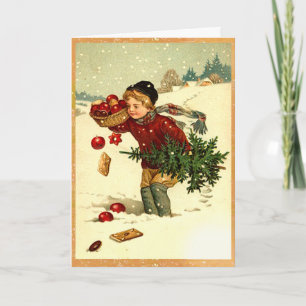 Cute Vintage Victorian Boy Carrying Christmas Tree Holiday Card