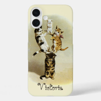 Cute Vintage Victorian Cats Kittens Playing, Humou iPhone 16 Plus Case