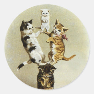 Cute Vintage Victorian Cats Kittens Playing, Humou Classic Round Sticker